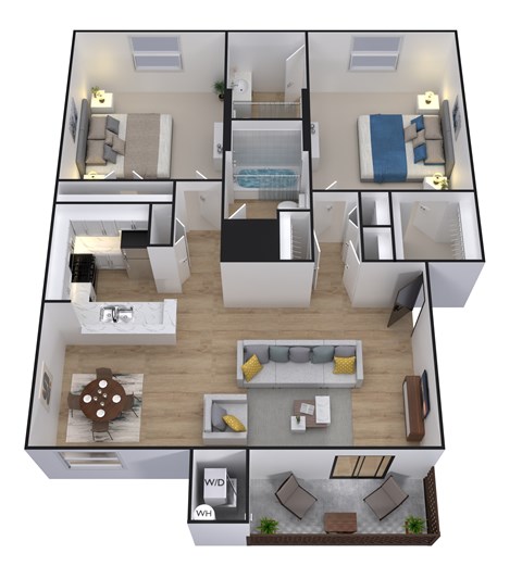 A 3D floor plan of a small apartment with a kitchen, living room, and bathroom.